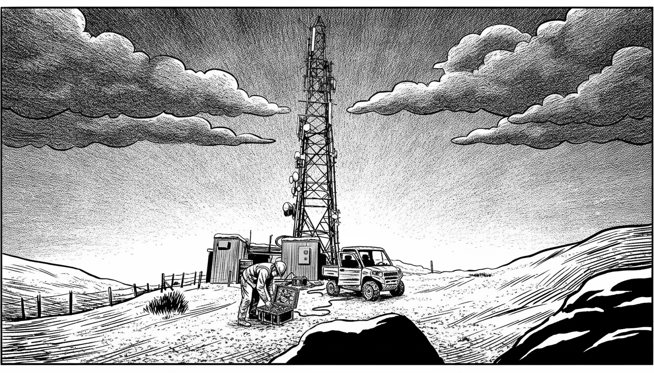 Black-and-white illustration: an engineer prepares equipment at the base of a lattice telecoms mast as weather moves in