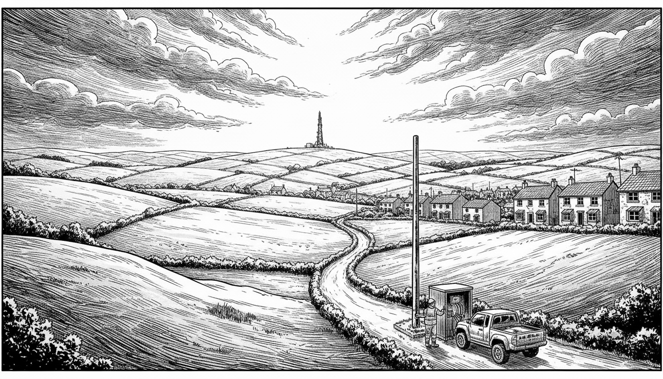 Black-and-white illustration: a winding road stitches villages, telegraph poles and a distant hilltop mast into one connected landscape