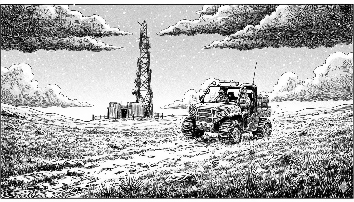 Black-and-white illustration: an all-terrain vehicle carries two engineers across open moorland toward a distant mast