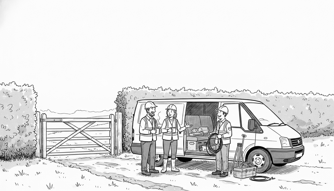 Black-and-white comic illustration: the crew talking around an open van at a farm-track site gate